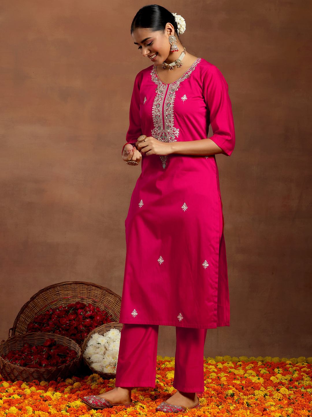 Pink Yoke Design Silk Blend Straight Suit With Dupatta