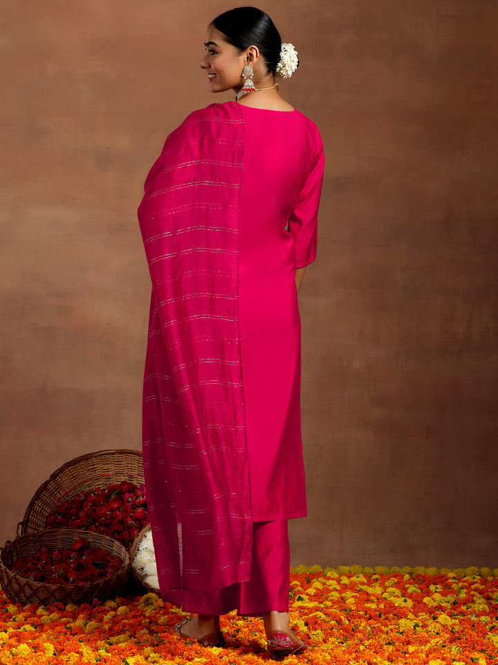 Pink Yoke Design Silk Blend Straight Suit With Dupatta