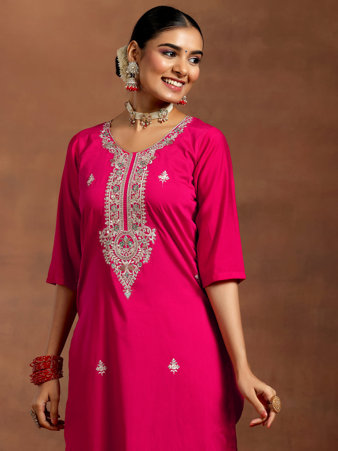 Pink Yoke Design Silk Blend Straight Suit With Dupatta