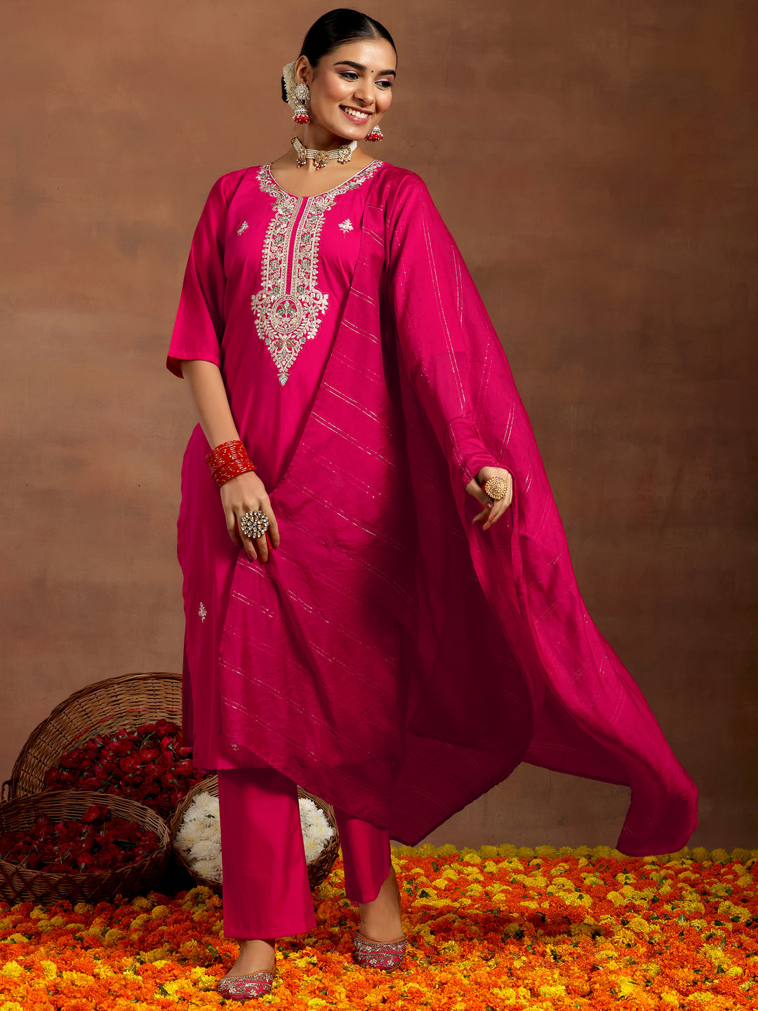 Pink Yoke Design Silk Blend Straight Suit With Dupatta
