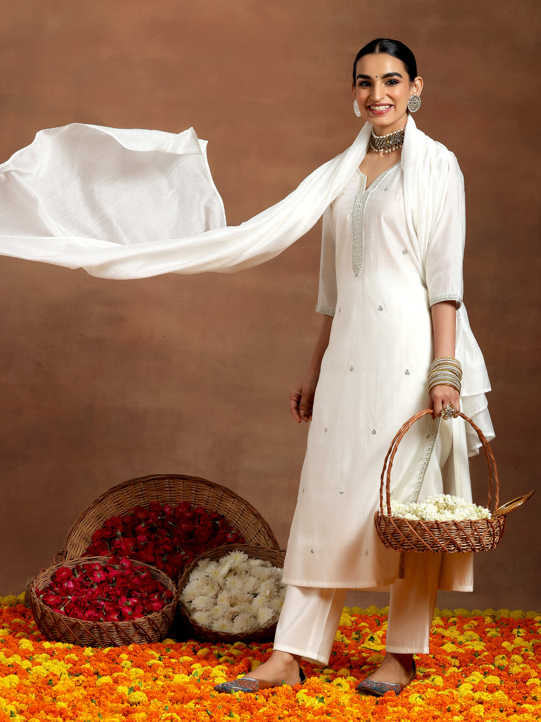 White Embroidered Silk Blend Straight Suit With Dupatta