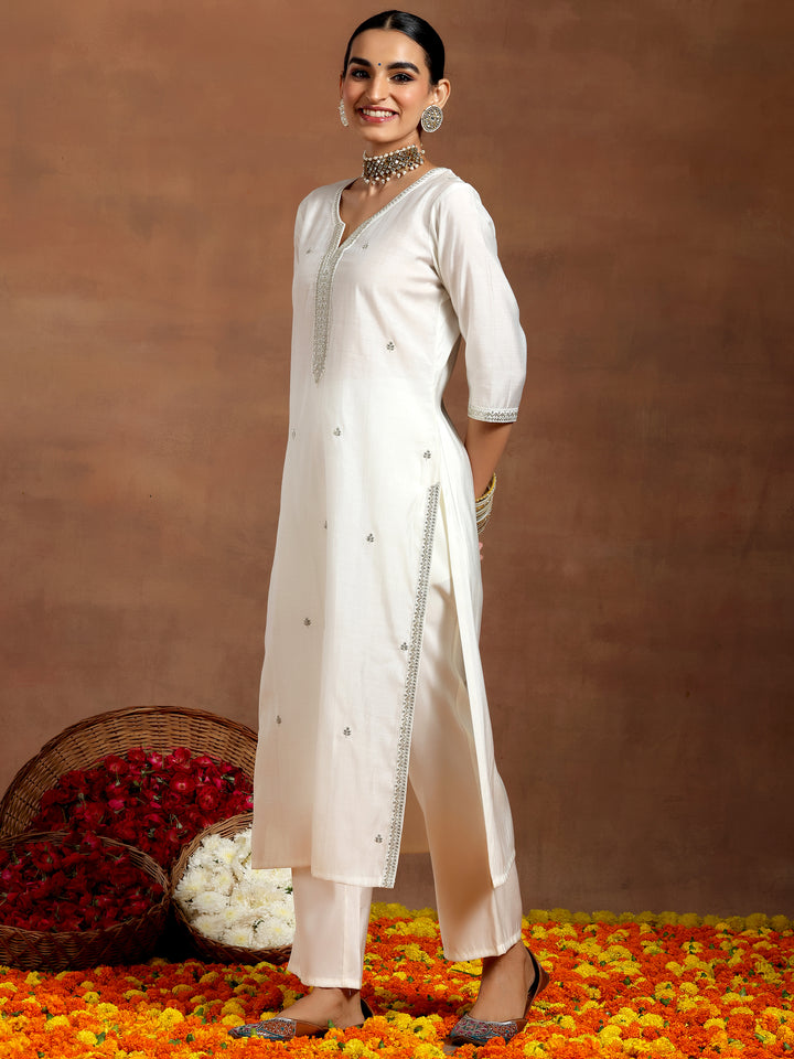 White Embroidered Silk Blend Straight Suit With Dupatta