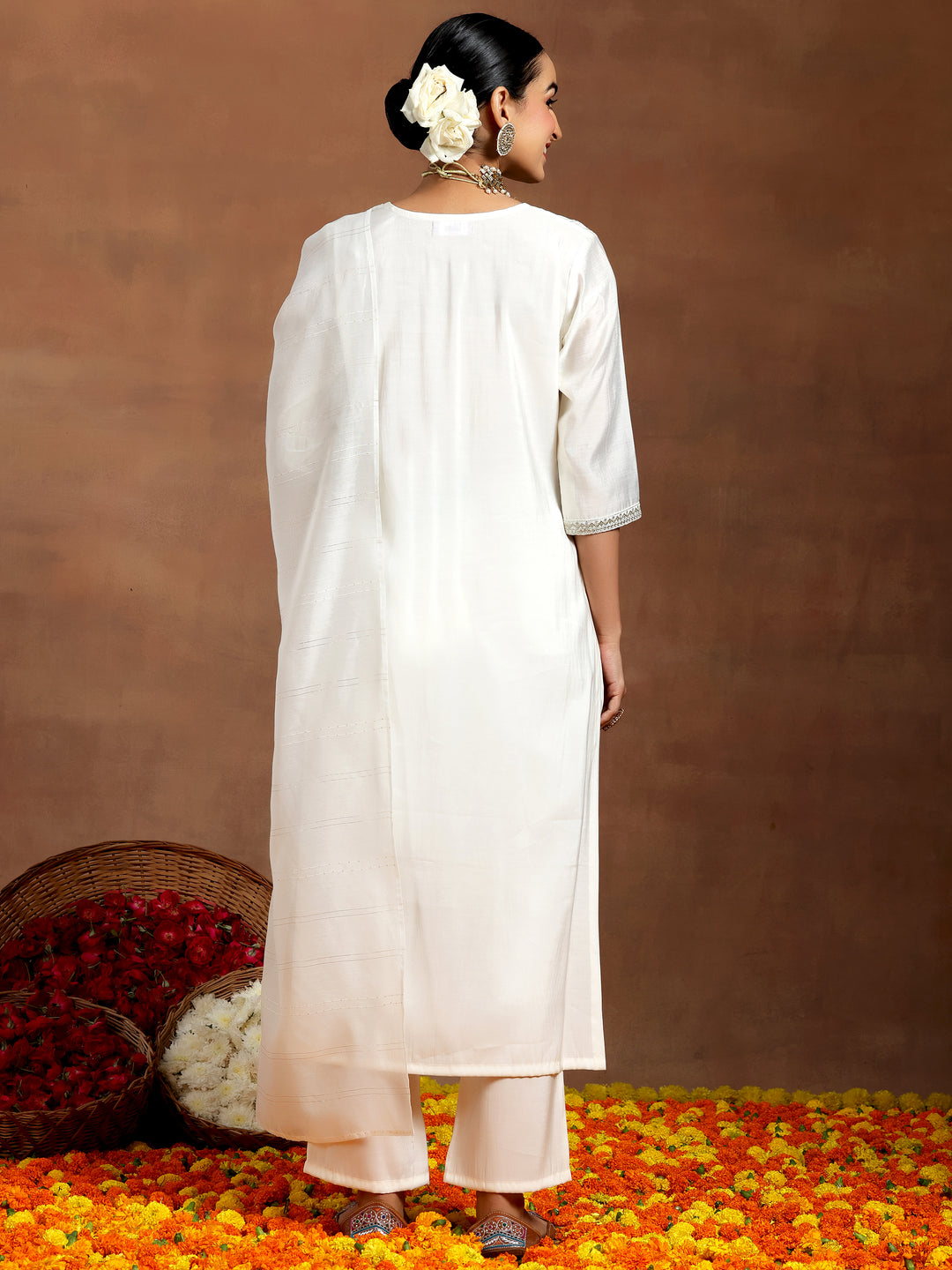 White Embroidered Silk Blend Straight Suit With Dupatta