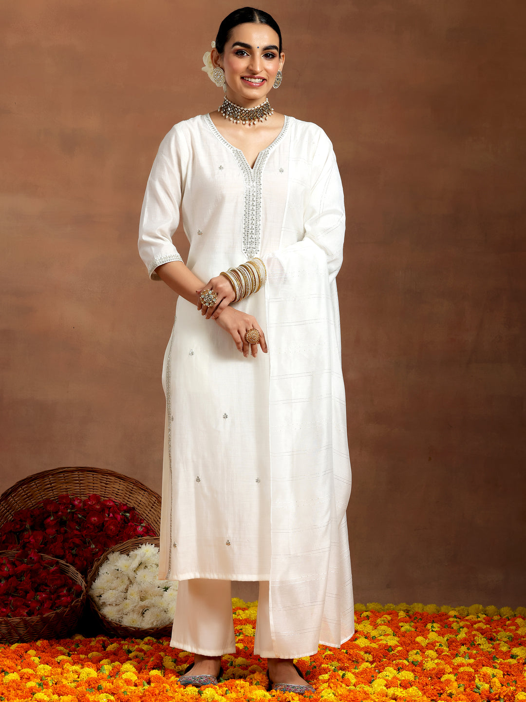 White Embroidered Silk Blend Straight Suit With Dupatta
