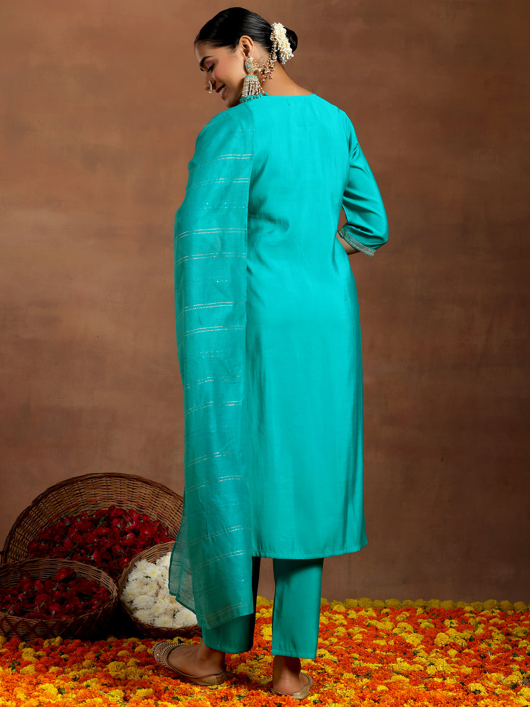 Blue Embroidered Silk Blend Straight Suit With Dupatta