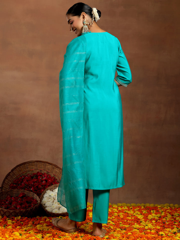 Blue Embroidered Silk Blend Straight Suit With Dupatta