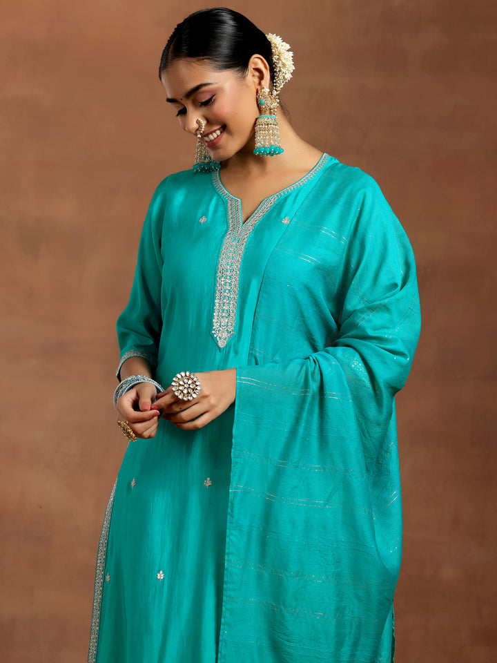Blue Embroidered Silk Blend Straight Suit With Dupatta