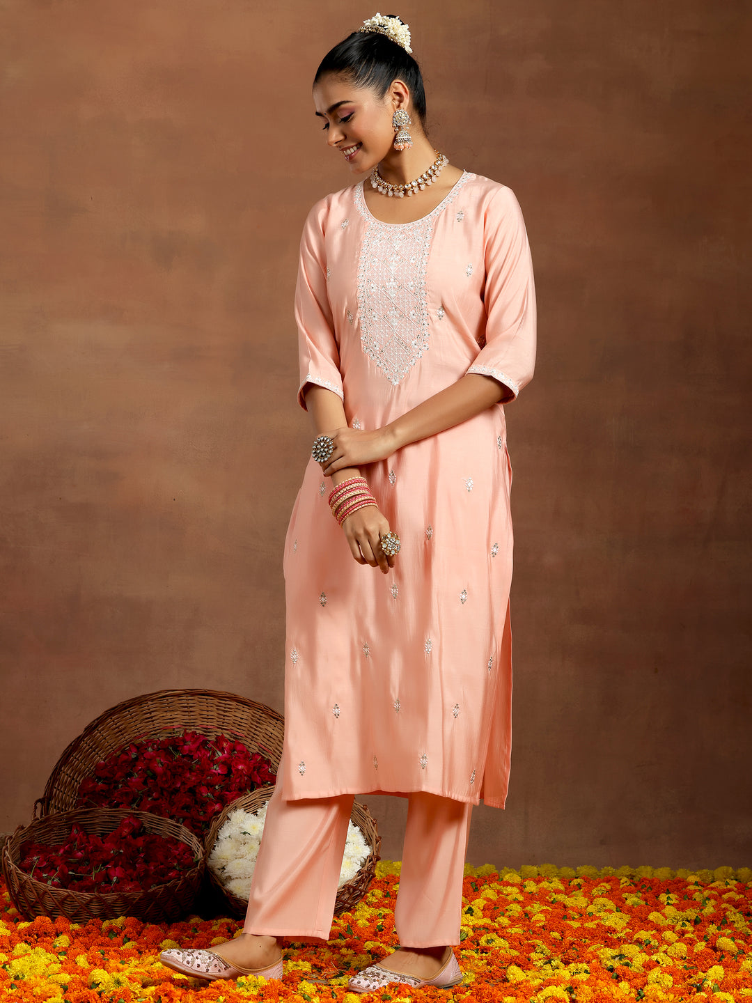 Peach Yoke Design Silk Blend Straight Suit With Dupatta