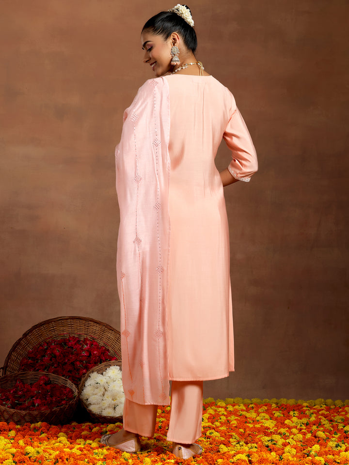 Peach Yoke Design Silk Blend Straight Suit With Dupatta