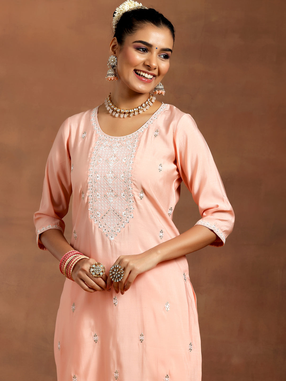 Peach Yoke Design Silk Blend Straight Suit With Dupatta