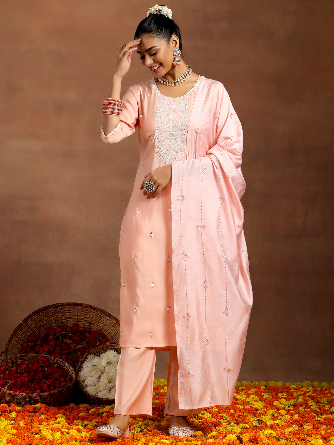 Peach Yoke Design Silk Blend Straight Suit With Dupatta