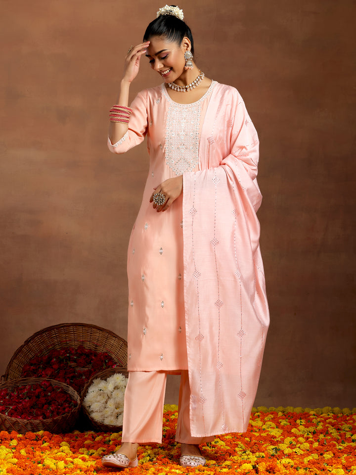 Peach Yoke Design Silk Blend Straight Suit With Dupatta