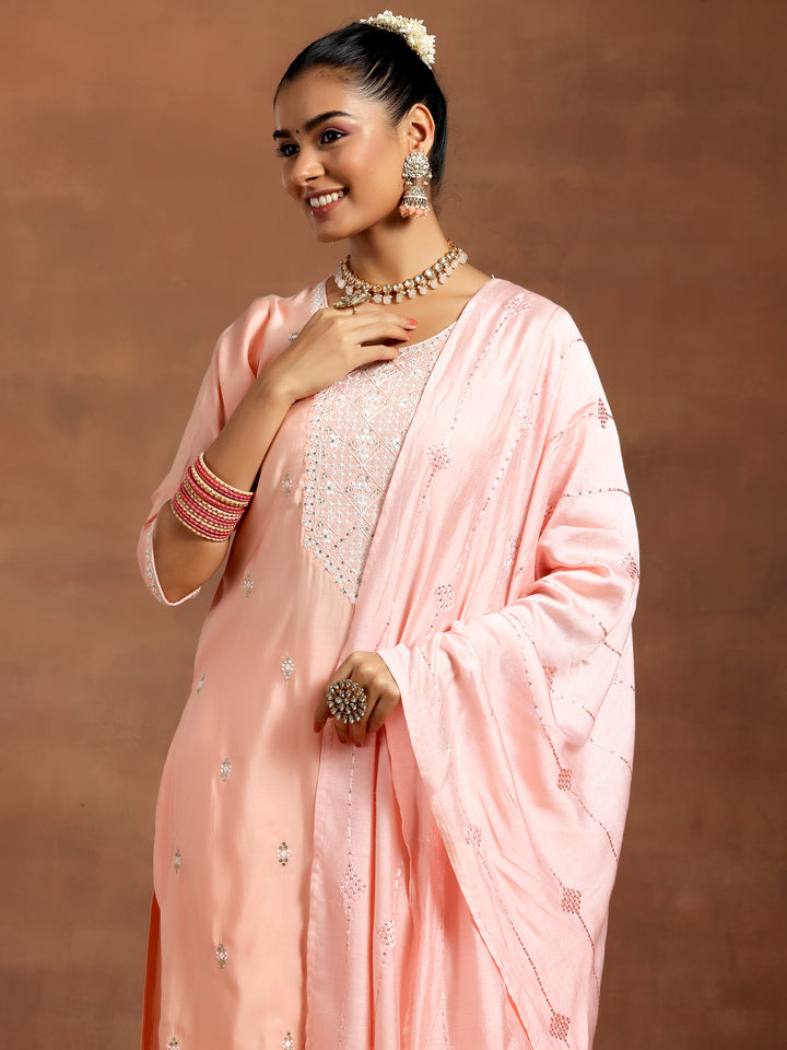 Peach Yoke Design Silk Blend Straight Suit With Dupatta