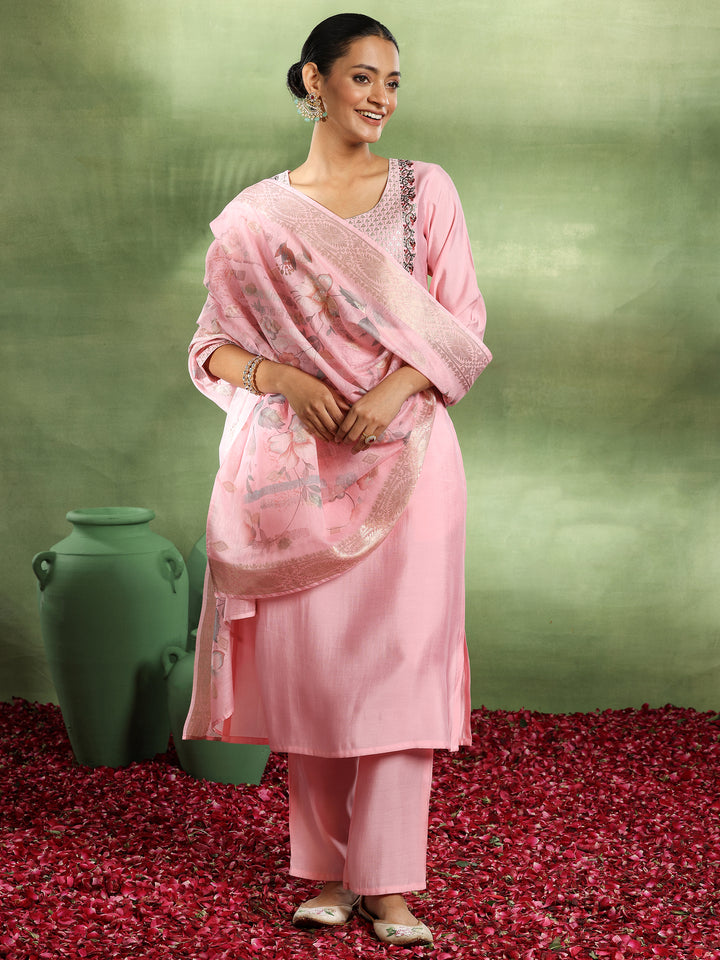 Pink Yoke Design Silk Blend Straight Suit With Dupatta