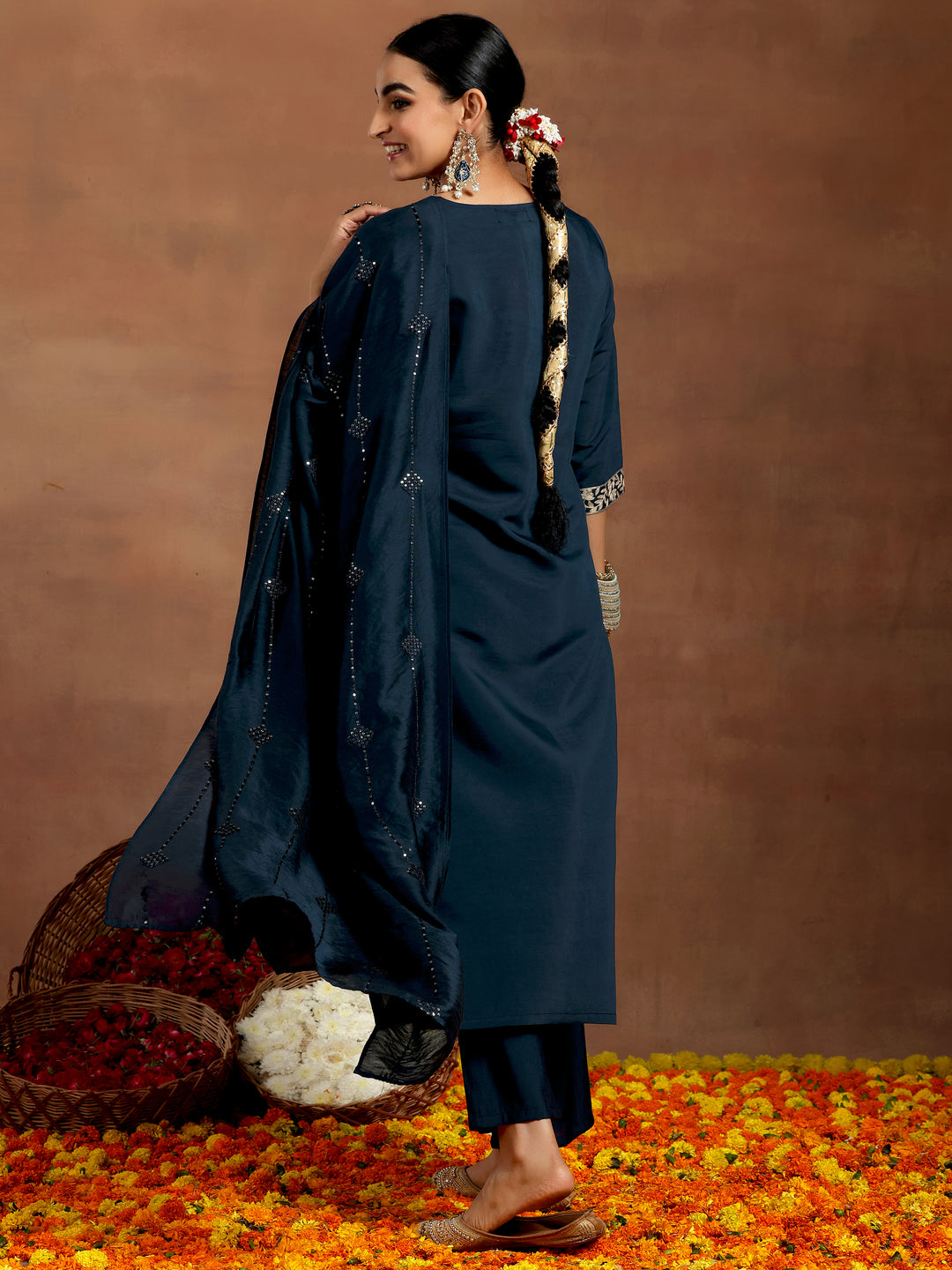 Blue Yoke Design Silk Blend Straight Suit With Dupatta
