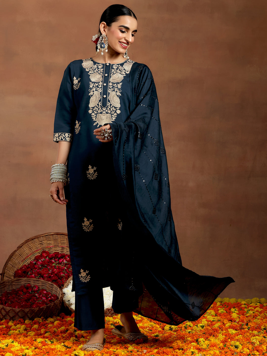 Blue Yoke Design Silk Blend Straight Suit With Dupatta