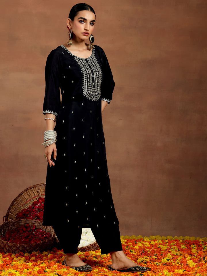 Black Embroidered Silk Blend Straight Suit With Dupatta