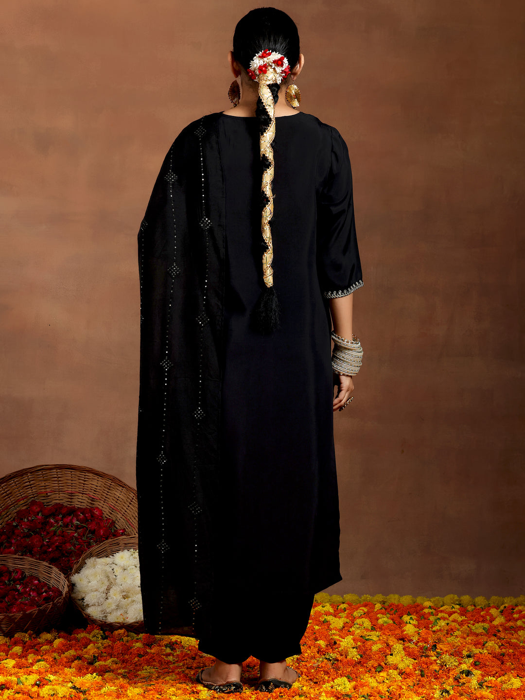 Black Embroidered Silk Blend Straight Suit With Dupatta