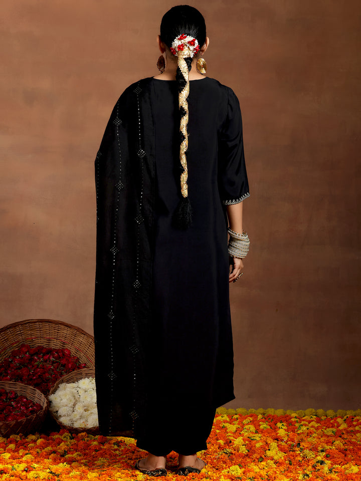Black Embroidered Silk Blend Straight Suit With Dupatta