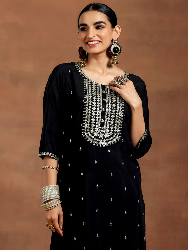 Black Embroidered Silk Blend Straight Suit With Dupatta