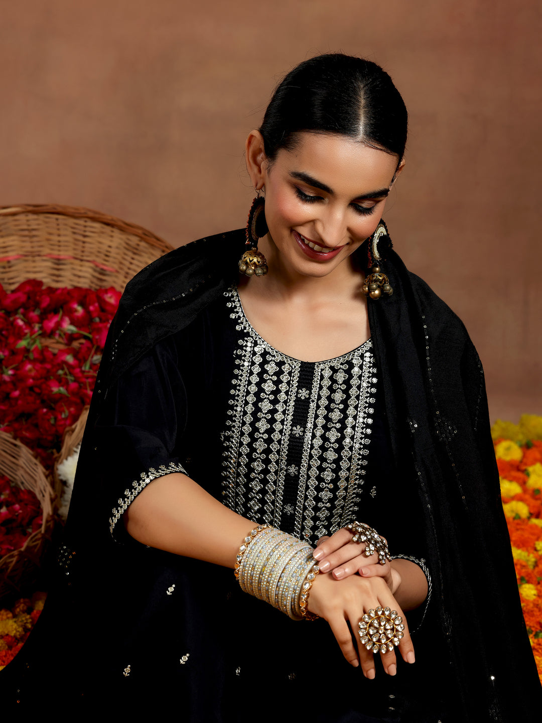 Black Embroidered Silk Blend Straight Suit With Dupatta