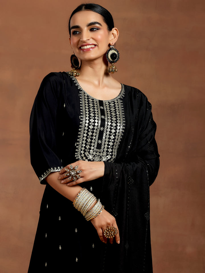 Black Embroidered Silk Blend Straight Suit With Dupatta