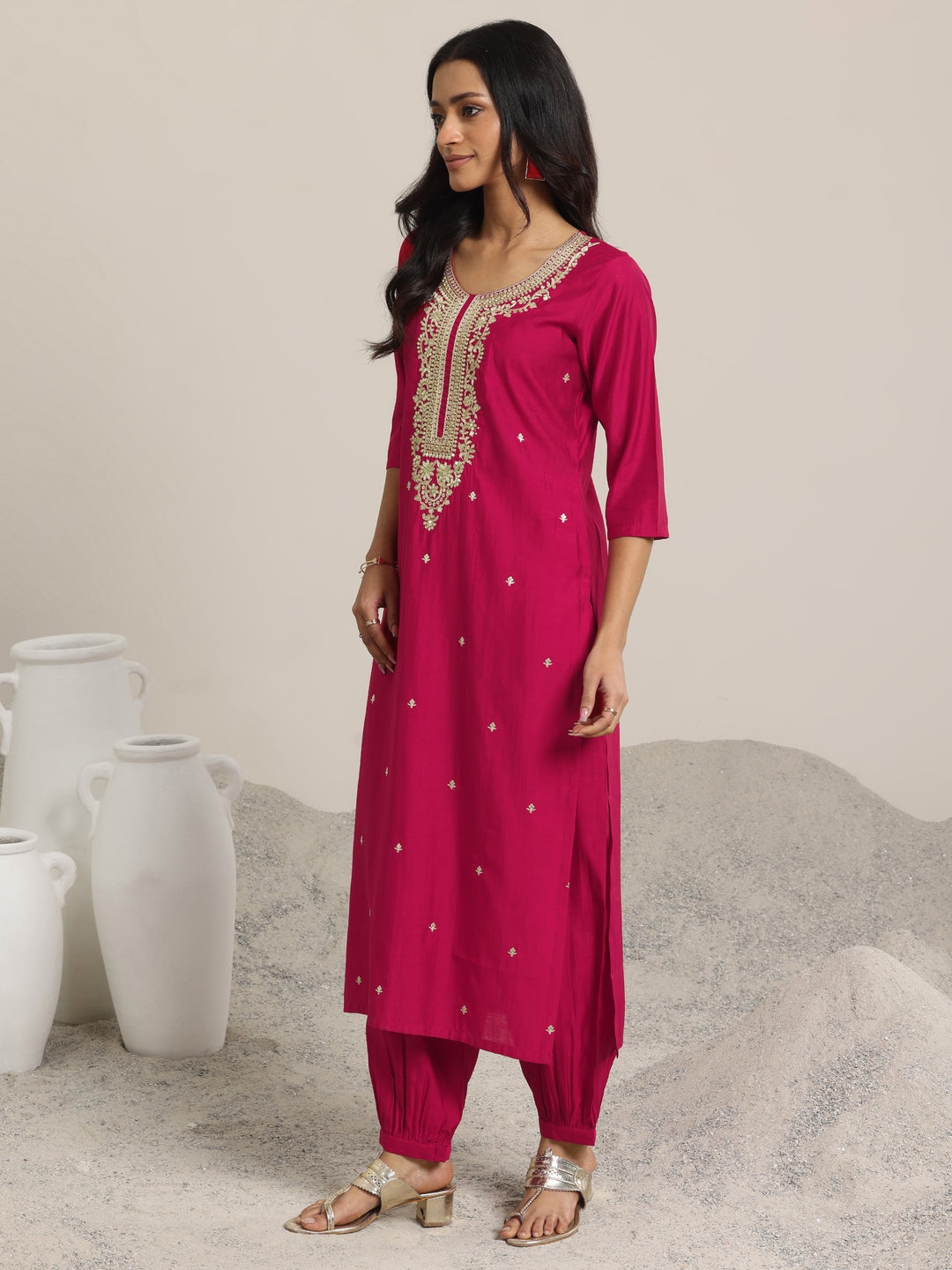 Pink Yoke Design Silk Blend Straight Suit With Dupatta