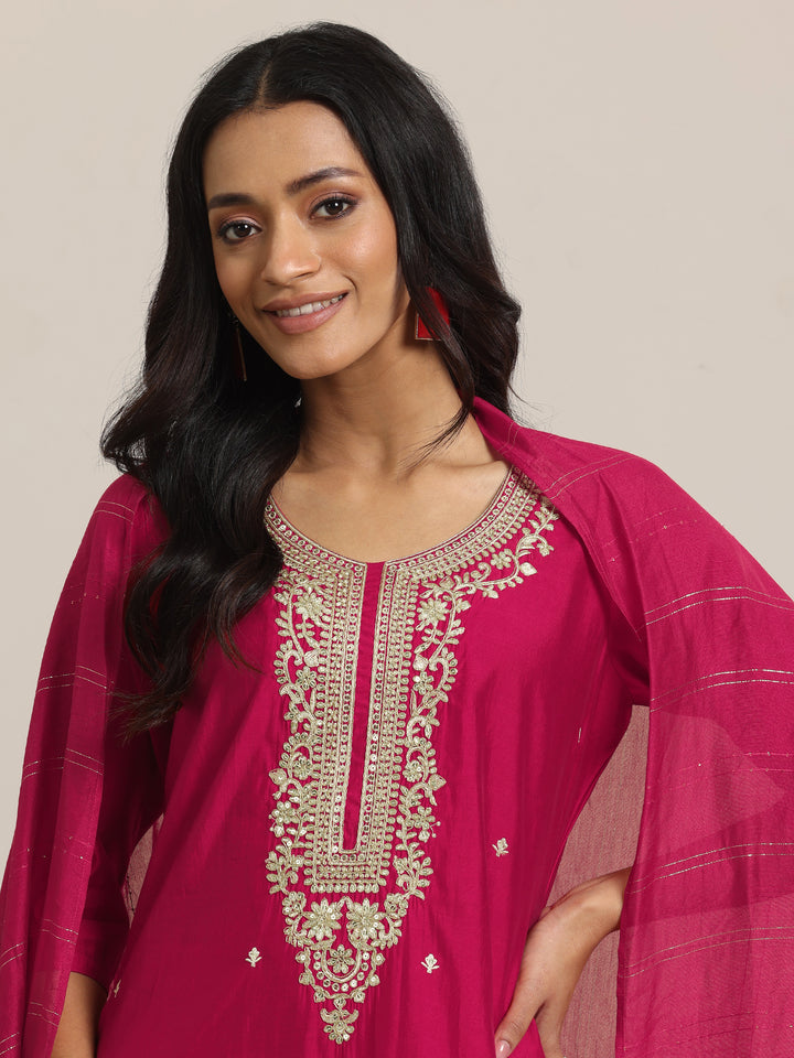 Pink Yoke Design Silk Blend Straight Suit With Dupatta