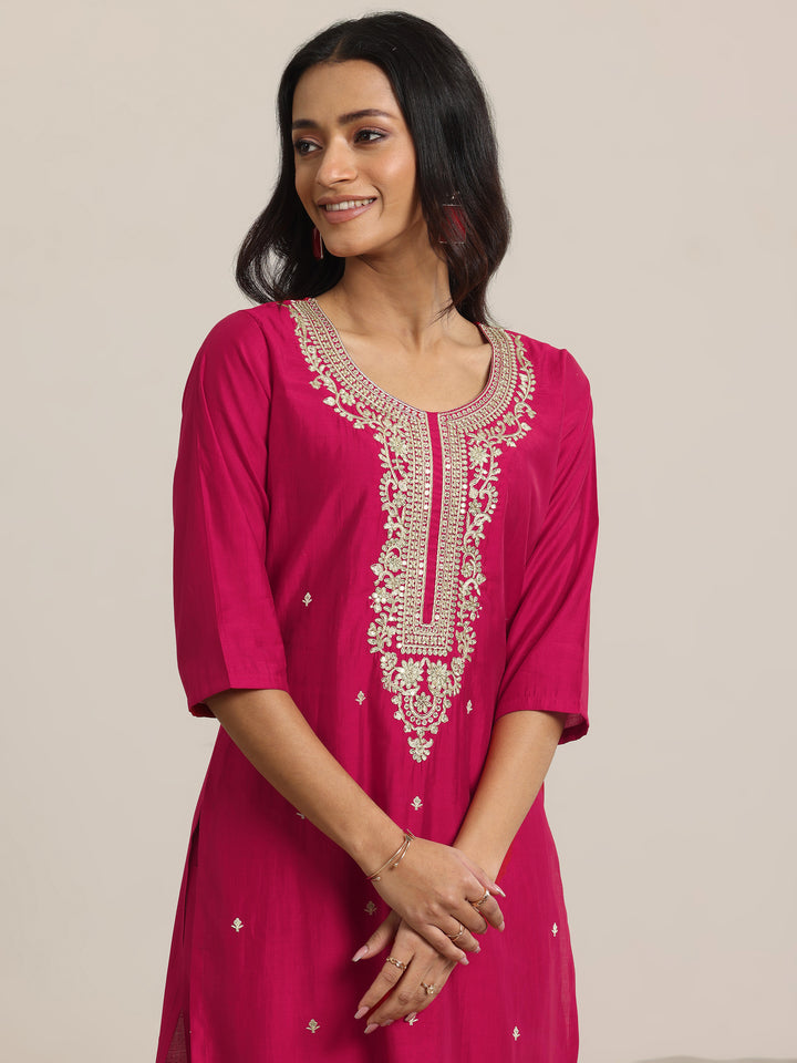 Pink Yoke Design Silk Blend Straight Suit With Dupatta