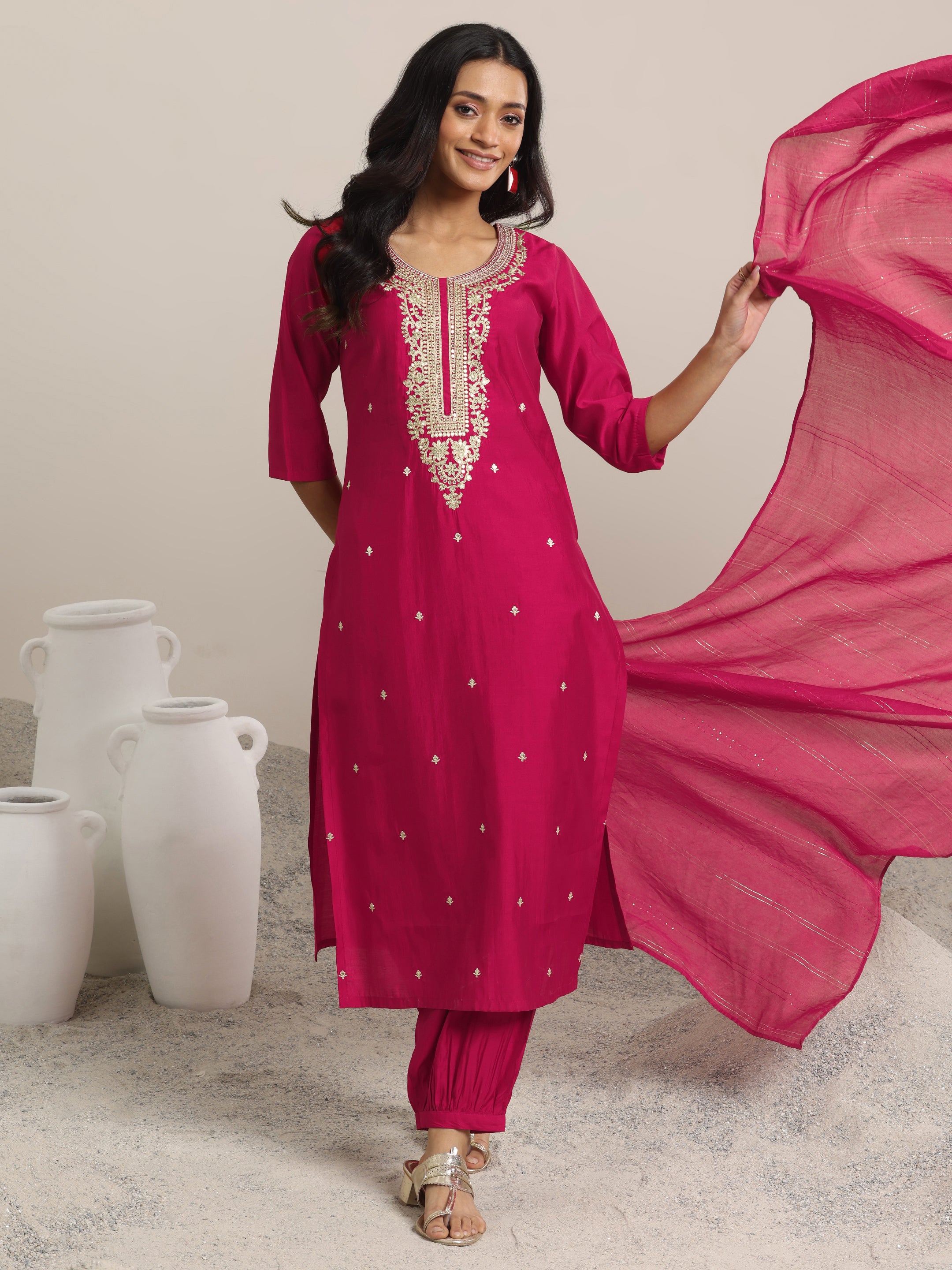 Light Pink Yoke Design Silk Blend Straight Suit With Dupatta