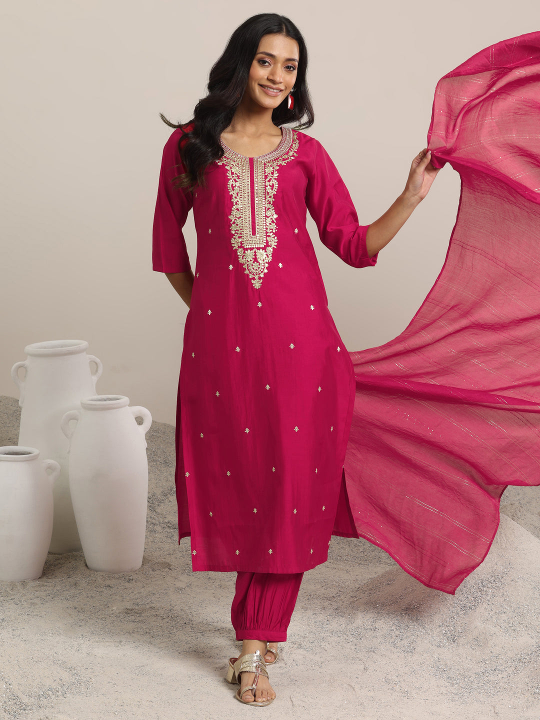 Pink Yoke Design Silk Blend Straight Suit With Dupatta