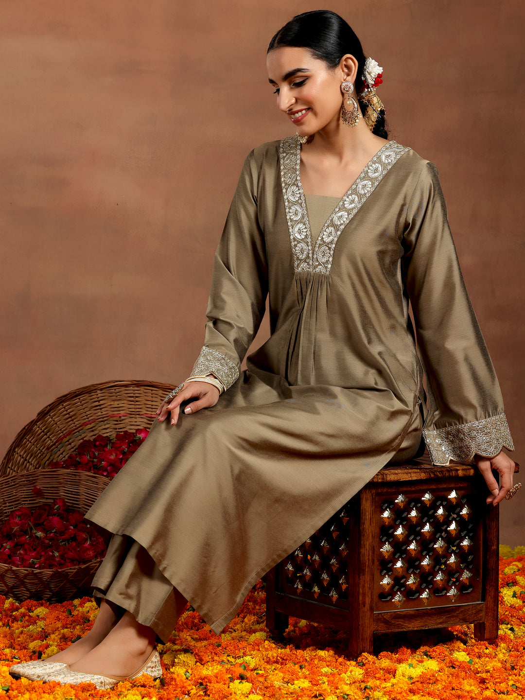 Gold Yoke Design Silk Blend Straight Kurta Set
