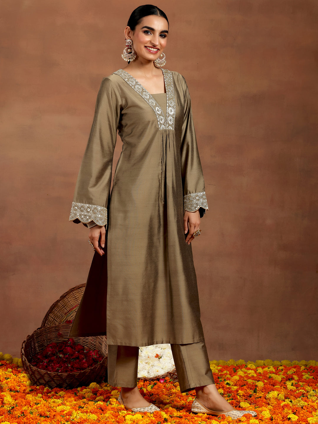 Gold Yoke Design Silk Blend Straight Kurta Set