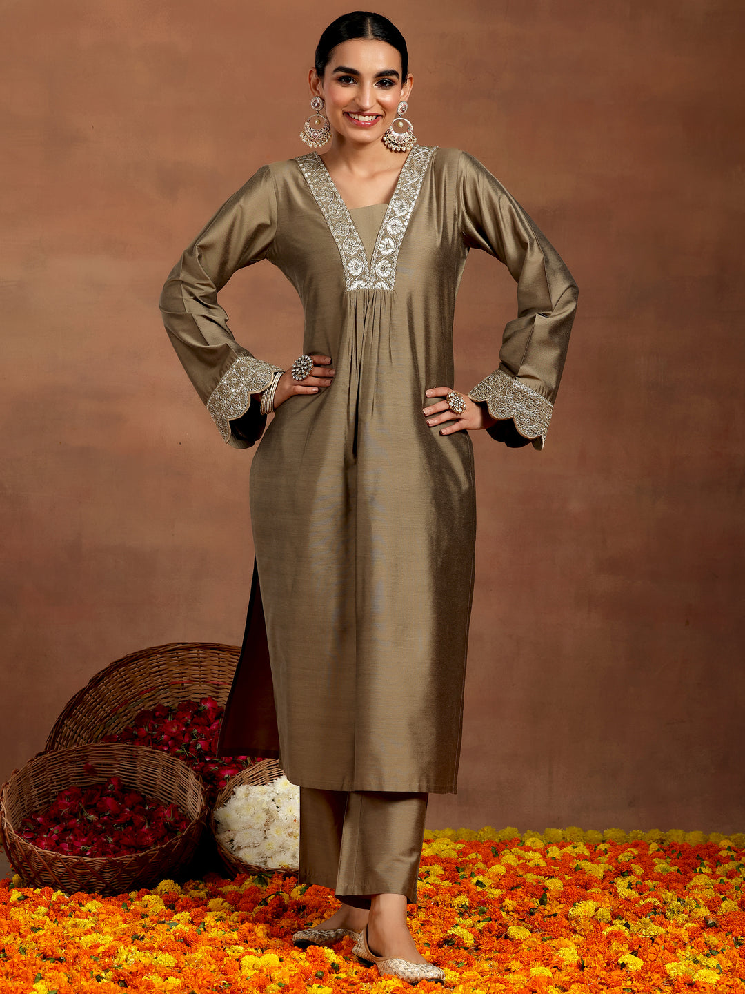 Gold Yoke Design Silk Blend Straight Kurta Set