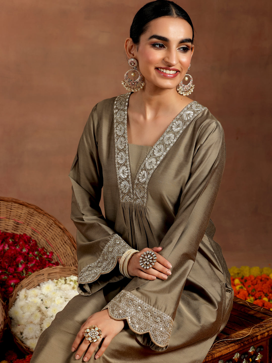 Gold Yoke Design Silk Blend Straight Kurta Set