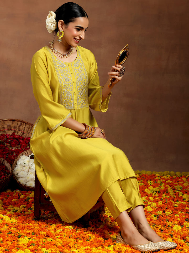 Mustard Yoke Design Silk Blend A-Line Kurta With Trousers
