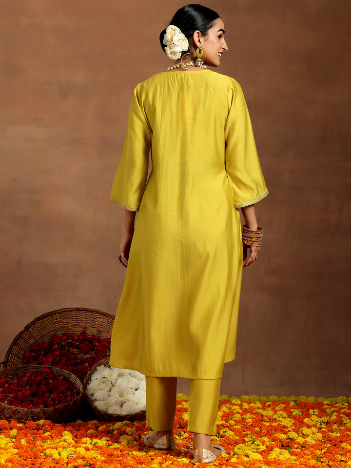 Mustard Yoke Design Silk Blend A-Line Kurta With Trousers