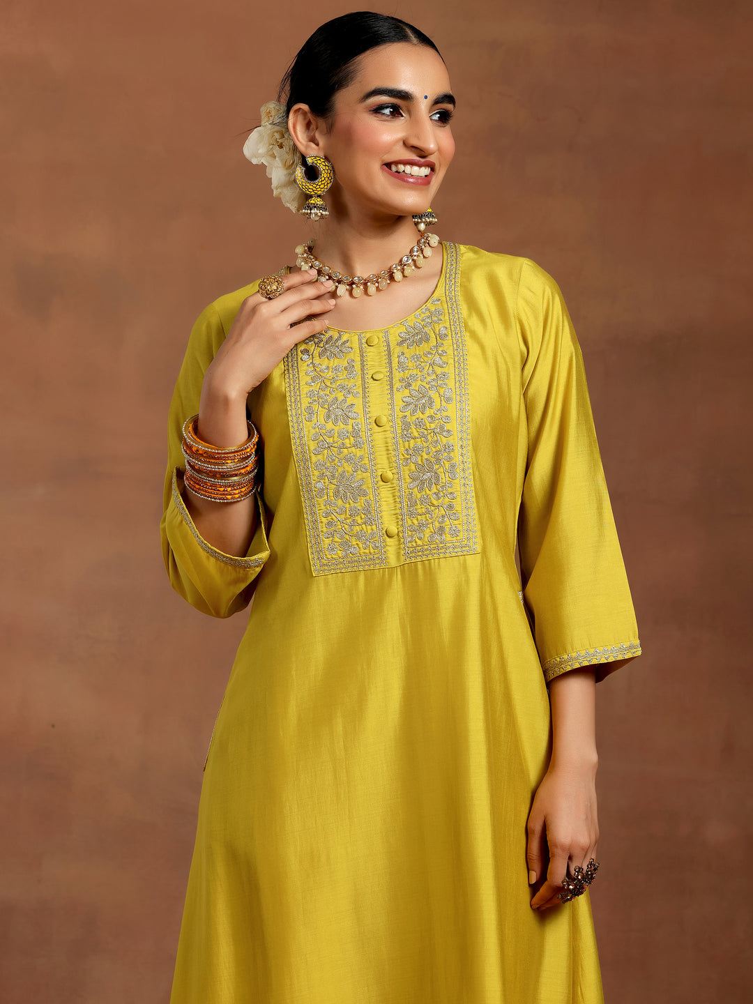 Mustard Yoke Design Silk Blend A-Line Kurta With Trousers