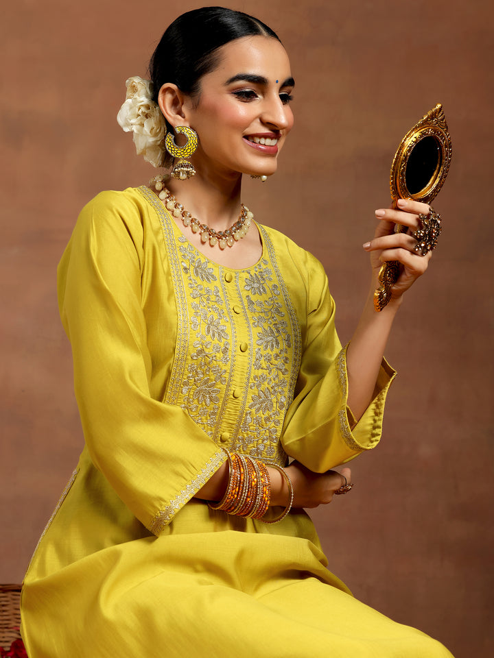 Mustard Yoke Design Silk Blend A-Line Kurta With Trousers