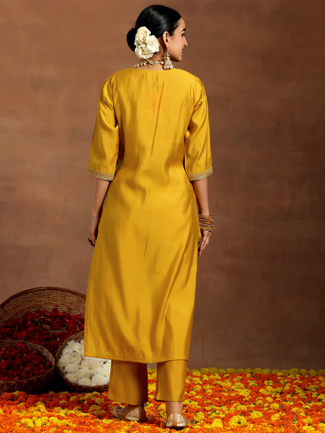 Mustard Yoke Design Silk Blend Straight Kurta Set