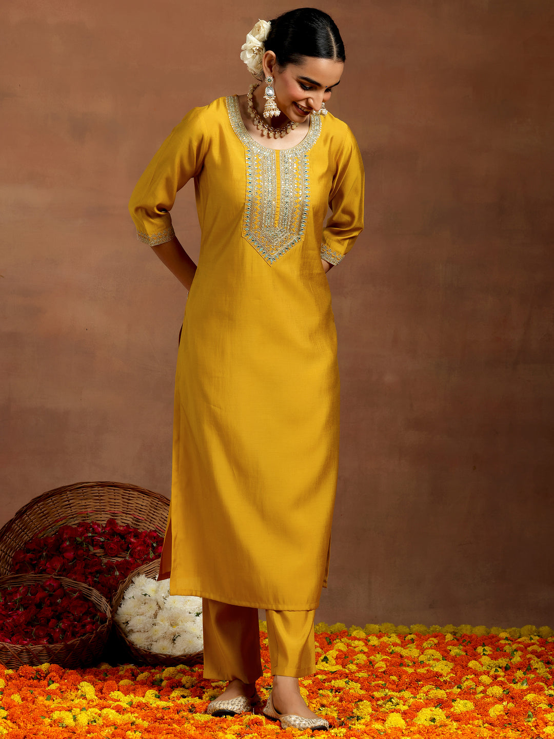 Mustard Yoke Design Silk Blend Straight Kurta Set