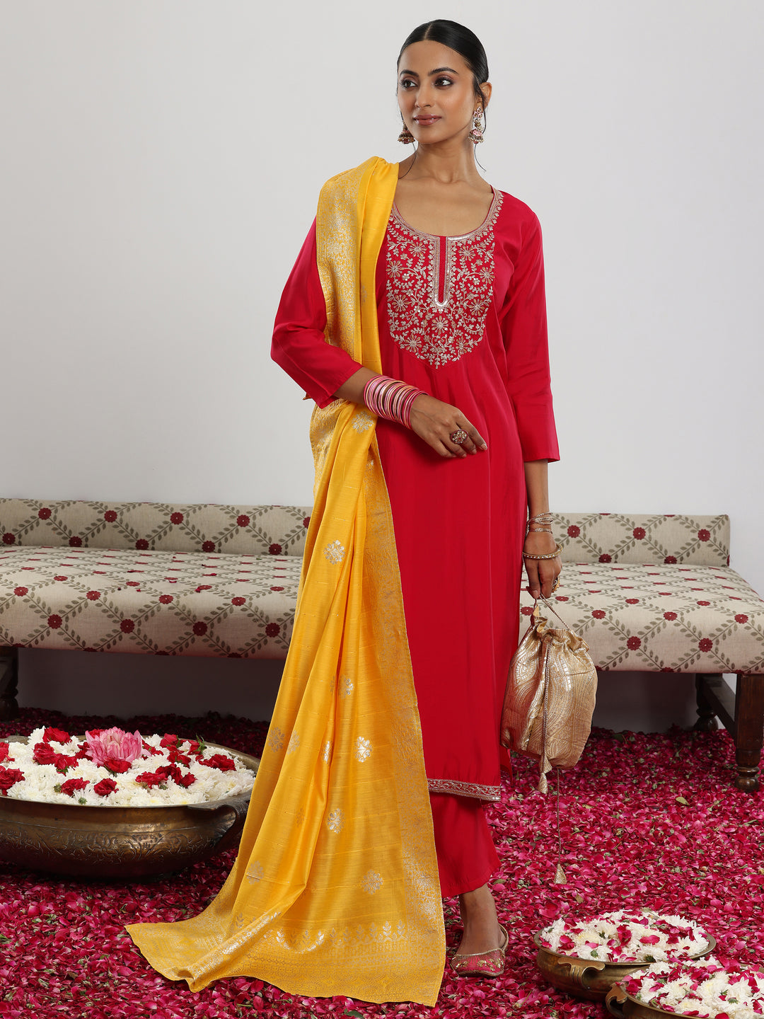 Maroon Yoke Design Silk Blend Straight Suit With Dupatta