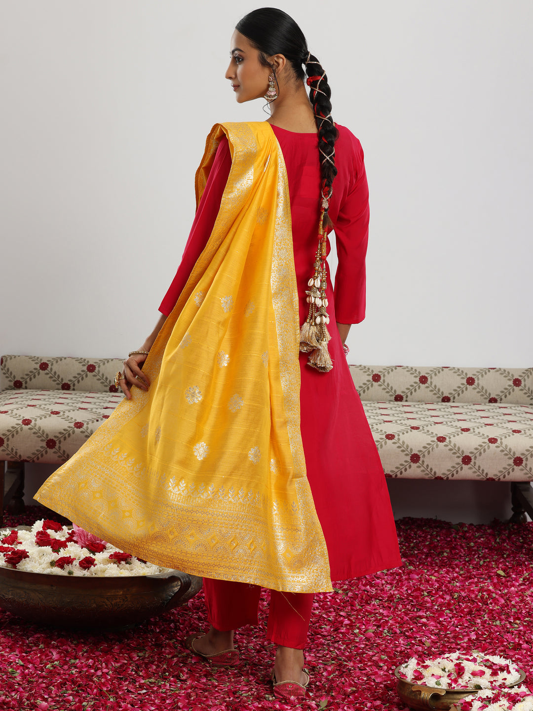 Maroon Yoke Design Silk Blend Straight Suit With Dupatta