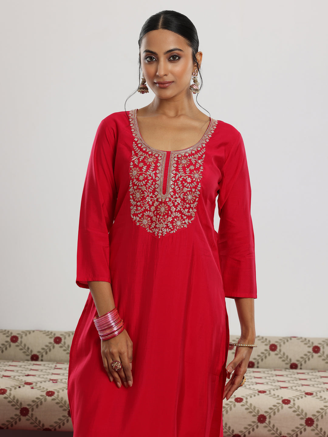 Maroon Yoke Design Silk Blend Straight Suit With Dupatta