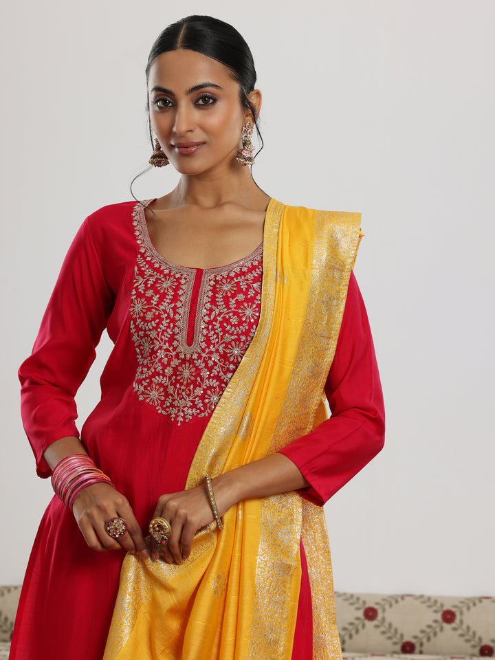 Maroon Yoke Design Silk Blend Straight Suit With Dupatta