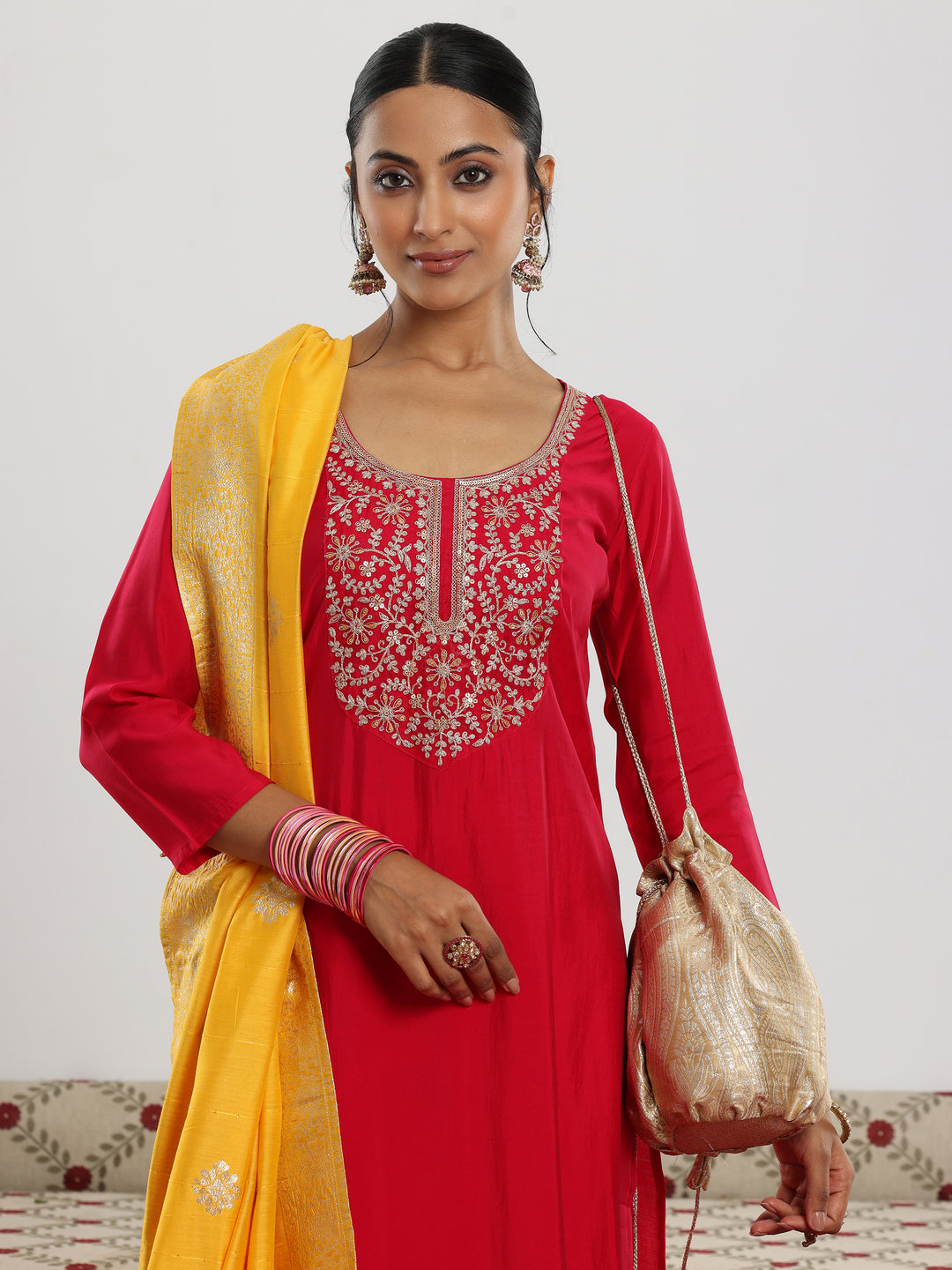 Maroon Yoke Design Silk Blend Straight Suit With Dupatta