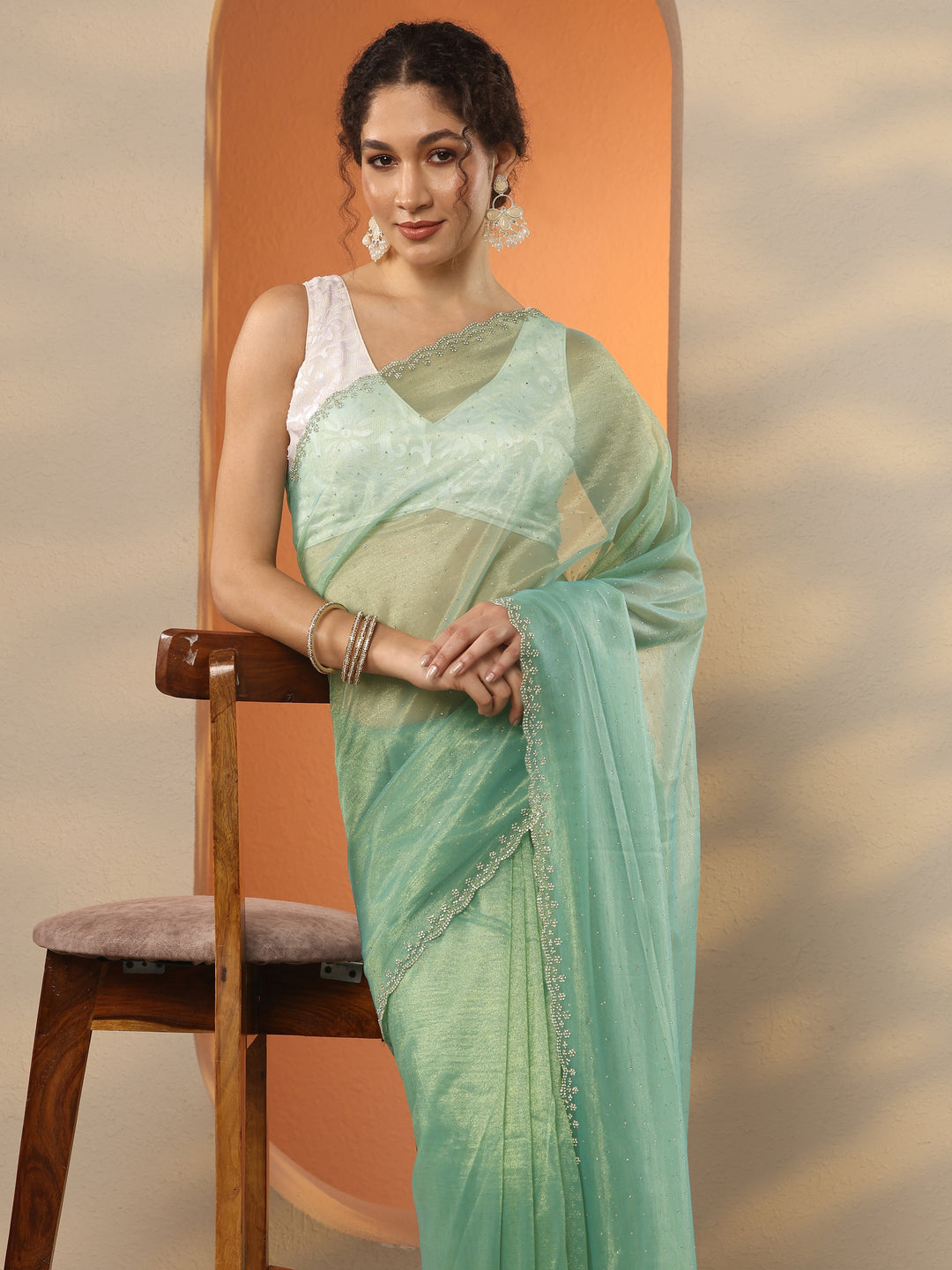 Green Embellished Nylon Saree With Unstitched Blouse Piece