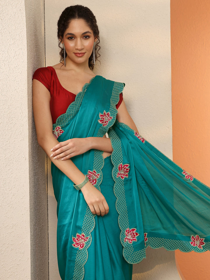 Green Solid Chiffon Saree With Unstitched Blouse Piece