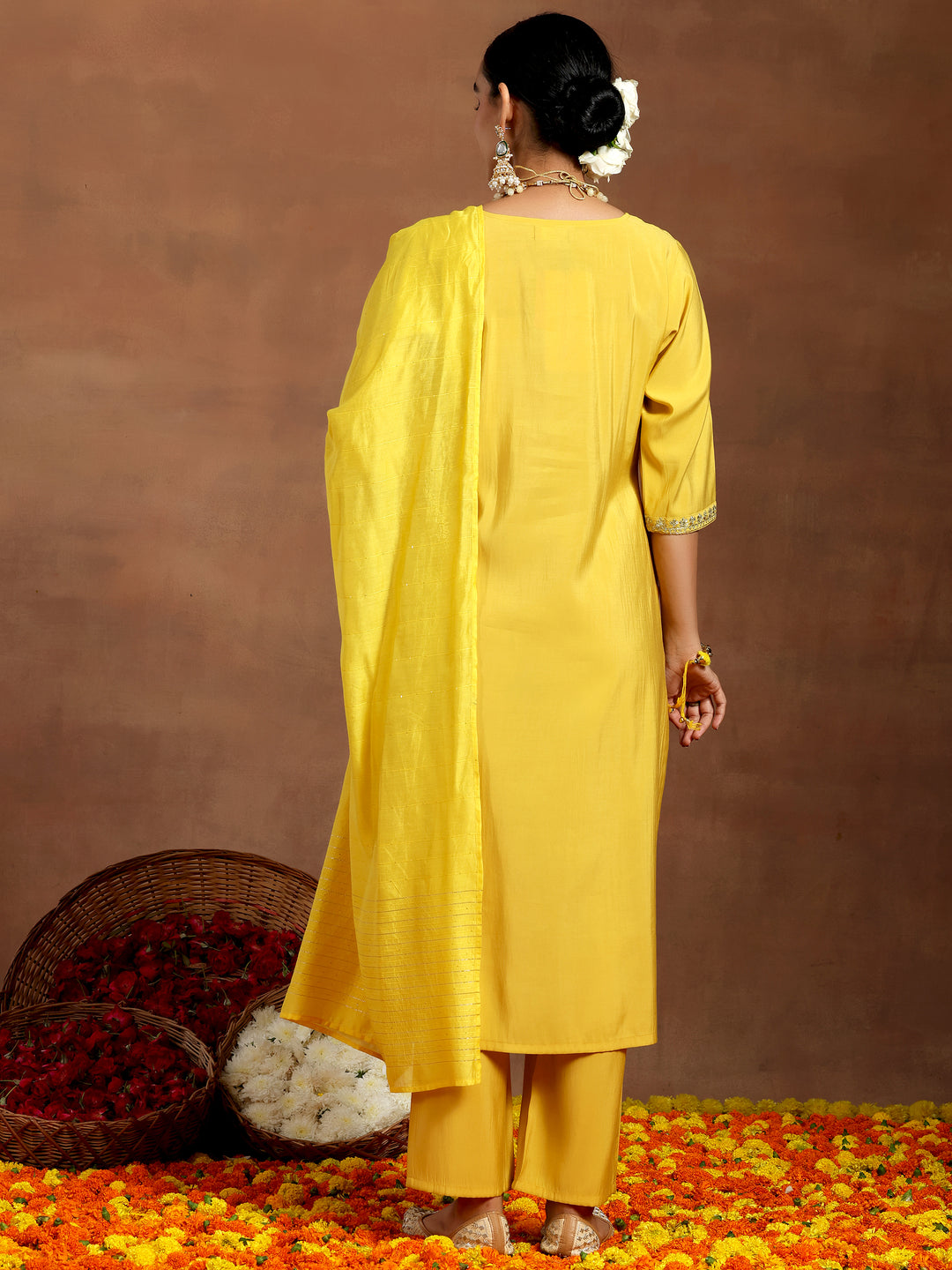 Yellow Yoke Design Silk Blend Straight Suit With Dupatta