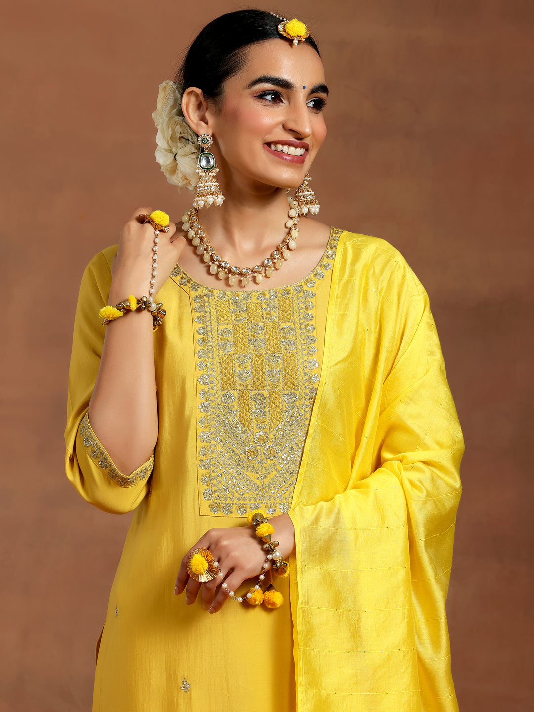 Yellow Yoke Design Silk Blend Straight Suit With Dupatta